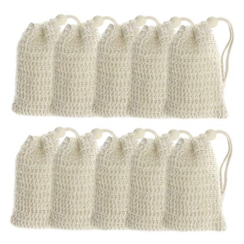 Bolsas de jabón de sisal natural - Juego de 10 | Ahorrador de jabón de red libre de plástico | Gel de baño exfoliante | Sacos con cordón | Sin Residuos | M&W