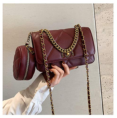 Bolso de hombro diagonal con cadena a cuadros de rombo, bolso pequeño con textura de fragancia, bolso simple de moda y versátil, vino tinto