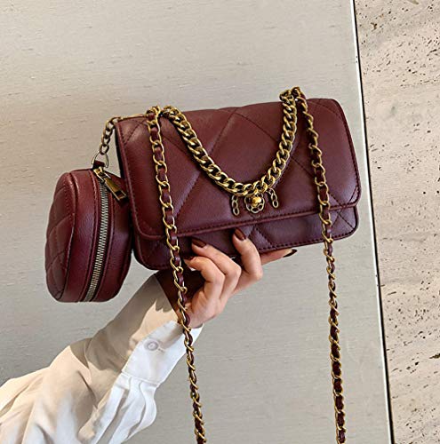 Bolso de hombro diagonal con cadena a cuadros de rombo, bolso pequeño con textura de fragancia, bolso simple de moda y versátil, vino tinto