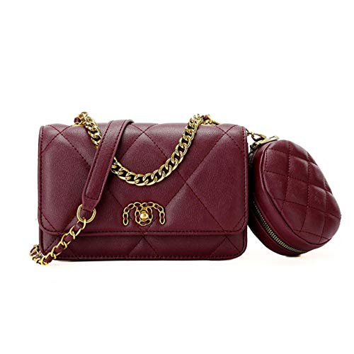 Bolso de hombro diagonal con cadena a cuadros de rombo, bolso pequeño con textura de fragancia, bolso simple de moda y versátil, vino tinto