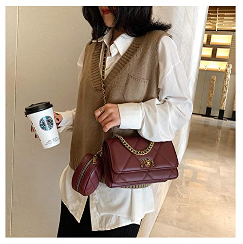 Bolso de hombro diagonal con cadena a cuadros de rombo, bolso pequeño con textura de fragancia, bolso simple de moda y versátil, vino tinto