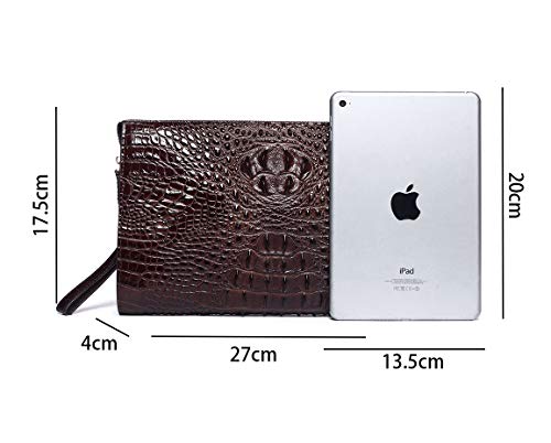 Bolsos de Mano Hombre Piel de Cocodrilo Café Carteras Mano de Cuero Clutch Negocios con Cremallera para Caballero Ejecutivo Teléfono Móvil Tablet Tarjetero