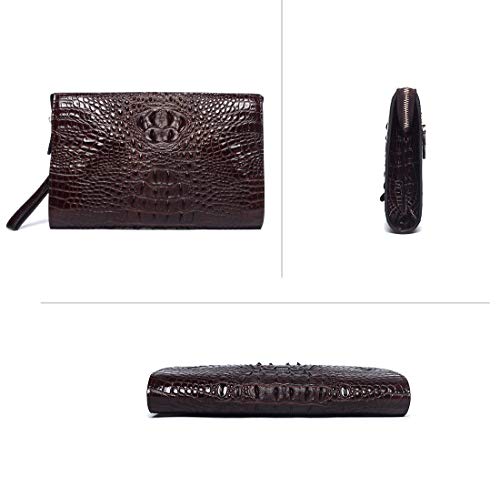 Bolsos de Mano Hombre Piel de Cocodrilo Café Carteras Mano de Cuero Clutch Negocios con Cremallera para Caballero Ejecutivo Teléfono Móvil Tablet Tarjetero