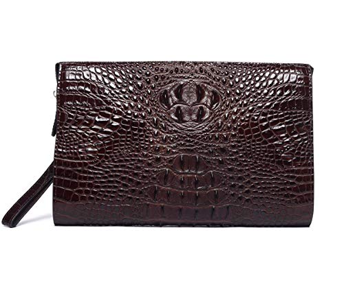 Bolsos de Mano Hombre Piel de Cocodrilo Café Carteras Mano de Cuero Clutch Negocios con Cremallera para Caballero Ejecutivo Teléfono Móvil Tablet Tarjetero