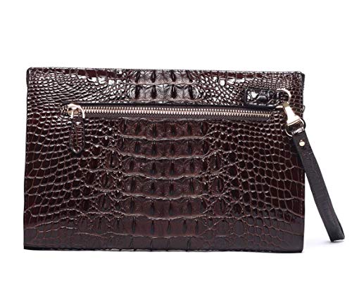 Bolsos de Mano Hombre Piel de Cocodrilo Café Carteras Mano de Cuero Clutch Negocios con Cremallera para Caballero Ejecutivo Teléfono Móvil Tablet Tarjetero