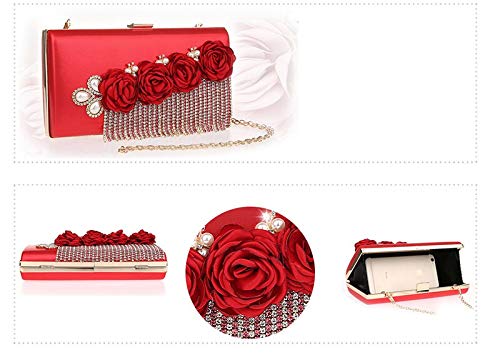 Bolsos Mujer Perlas Bolsos De Noche Diamante Borla Día Embrague Elegante Flor Boda Fiesta Monedero Cadena Bolsos Bandolera Rojo