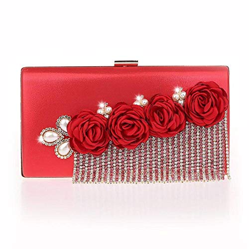Bolsos Mujer Perlas Bolsos De Noche Diamante Borla Día Embrague Elegante Flor Boda Fiesta Monedero Cadena Bolsos Bandolera Rojo