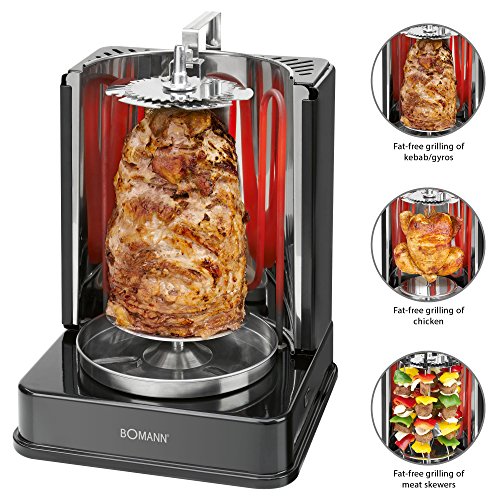 Bomann DVG 3006 CB 3 in1 Döner de/pollo y pinchos de Vertical de Multi parrilla, perfecta para Resultados al Colector Distribución Uniforme del calor, grasa de acero inoxidable, 1400 W, color negro