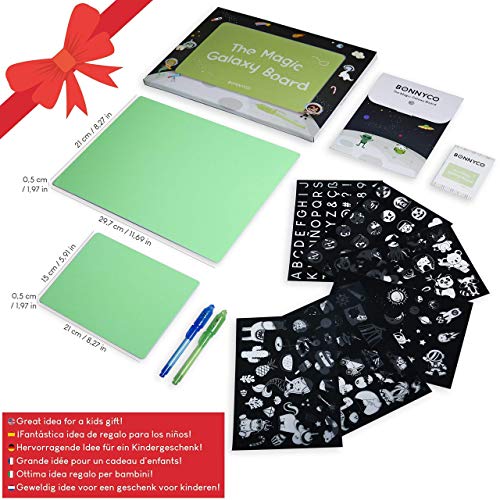 BONNYCO Pizarra Mágica con Luz A4 y A5, 6 Plantillas, 2 Bolis Espía Juguetes para Niños y Niñas 3 4 5 6 7 8 9 10 11 Años | Pizarra Luminosa, Regalos para Niños Originales Cumpleaños y Navidad