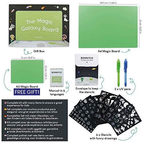 BONNYCO Pizarra Mágica con Luz A4 y A5, 6 Plantillas, 2 Bolis Espía Juguetes para Niños y Niñas 3 4 5 6 7 8 9 10 11 Años | Pizarra Luminosa, Regalos para Niños Originales Cumpleaños y Navidad