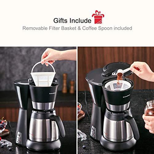 Bonsenkitchen Cafetera Goteo con Jarra de Vacío de Acero Inoxidable, 8~10 Tazas (1.2L), 800w, Cafeteras Electricas, Cafetera de Filtro Negro (CM8761 Versión Actualizada)