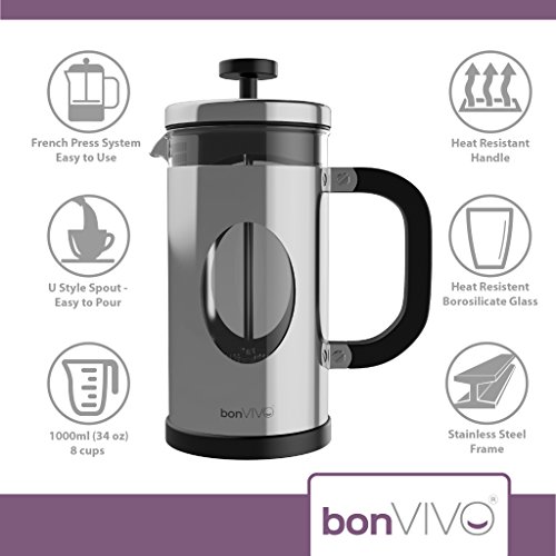 bonVIVO GAZETARO I Cafetera Francesa (French Press) y Prensa Francesa de Embolo Fabricada con Acero Inoxidable - Cafetera Filtro con Acabado en Plata con Filtros, tamaño: 1 L / 1000ml
