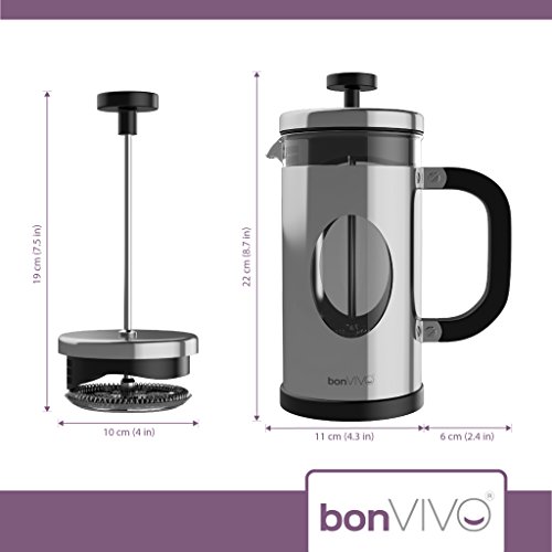 bonVIVO GAZETARO I Cafetera Francesa (French Press) y Prensa Francesa de Embolo Fabricada con Acero Inoxidable - Cafetera Filtro con Acabado en Plata con Filtros, tamaño: 1 L / 1000ml