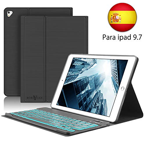 Boriyuan Funda teclado iPad 9.7,Funda con teclado español cuero para iPad 9.7 2018 6th/2017 5th iPad Pro 9.7/iPad Air 2/Air 1,con Bluetooth Inalámbrico 7 colores backlit Teclado para iPad 9.7 pulgadas