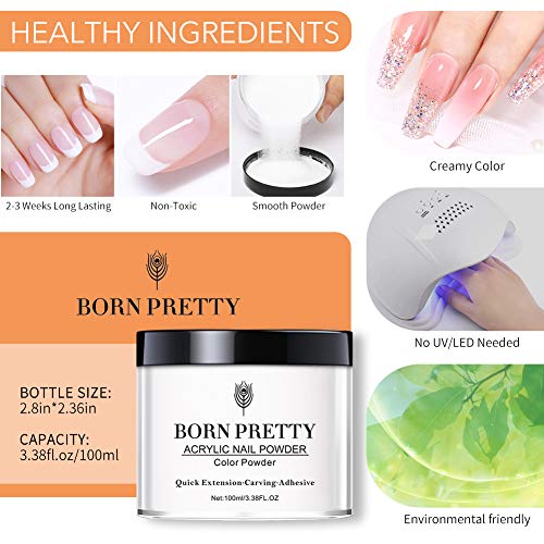 BORN PRETTY Kit transparente de polvo acrílico para uñas + Sistema profesional de uñas de monómero líquido para extensión de uñas Kit acrílico en polvo y líquido para bricolaje 100ml