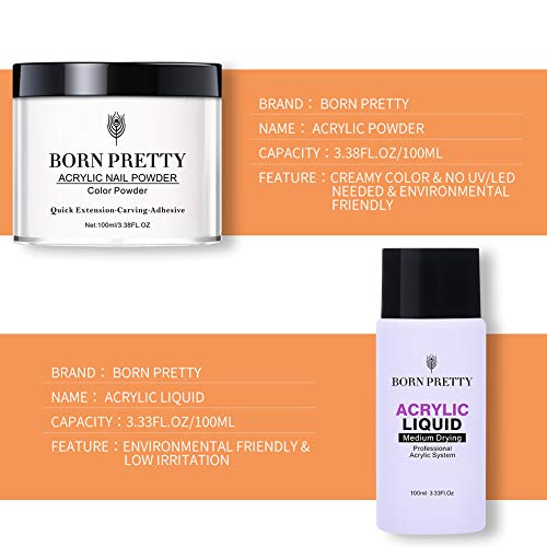 BORN PRETTY Kit transparente de polvo acrílico para uñas + Sistema profesional de uñas de monómero líquido para extensión de uñas Kit acrílico en polvo y líquido para bricolaje 100ml