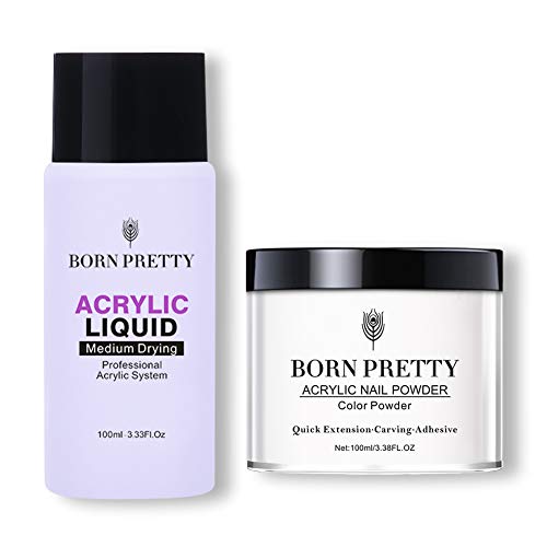 BORN PRETTY Kit transparente de polvo acrílico para uñas + Sistema profesional de uñas de monómero líquido para extensión de uñas Kit acrílico en polvo y líquido para bricolaje 100ml