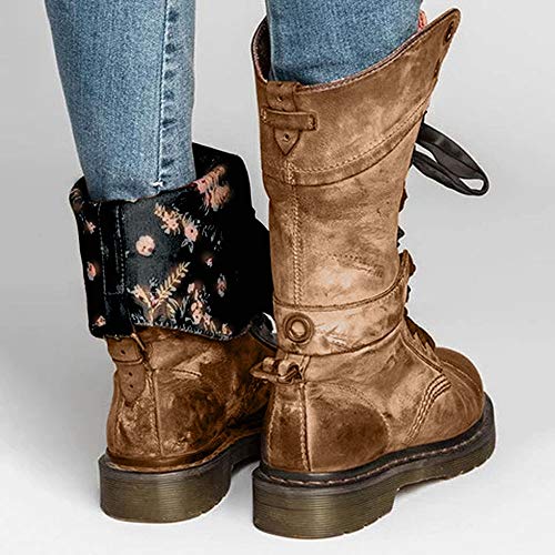 Botas Biker Planas tacón bajo Mujer Invierno PAOLIAN Botas Militares de Piel cuña con Cordones Forradas Piel Botas Camperas Medio Retro Zapatos Cuero Señora Calzado Otoño 36-41