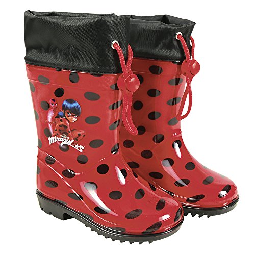 Botas de Agua Miraculous Lady Bug Niña - Botines Impermeables Ladybug Rojos Fantasía de Lunares - Botas Lluvia con Suela Antideslizante y Cierre con Cordón - Perletti (Detalles Negros, 32)