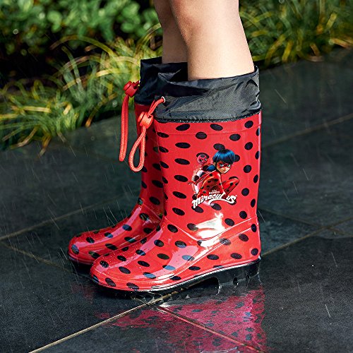Botas de Agua Miraculous Lady Bug Niña - Botines Impermeables Ladybug Rojos Fantasía de Lunares - Botas Lluvia con Suela Antideslizante y Cierre con Cordón - Perletti (Detalles Negros, 32)