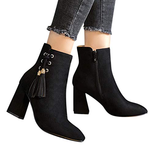 Botas para Mujer Invierno Tacón Ancho Alto PAOLIAN Botines Biker Tobillo Mujer Cuña Otoño Botas Cortas Piel Sintético con Cremallera Flecos Zapatos Mujer Vestir Terciopelo Fiesta