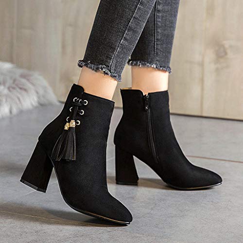 Botas para Mujer Invierno Tacón Ancho Alto PAOLIAN Botines Biker Tobillo Mujer Cuña Otoño Botas Cortas Piel Sintético con Cremallera Flecos Zapatos Mujer Vestir Terciopelo Fiesta