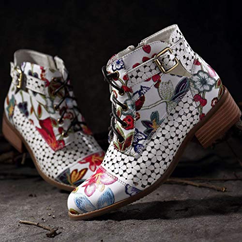 Botas Retro de Mujer Bohemia Botines de Cuero Impresión Botas de Moto Vintage Zapatos con Cordones Puntiagudos Mujeres 2019 Nuevo(Blanco,36)