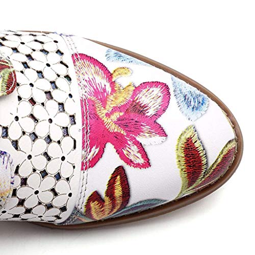 Botas Retro de Mujer Bohemia Botines de Cuero Impresión Botas de Moto Vintage Zapatos con Cordones Puntiagudos Mujeres 2019 Nuevo(Blanco,36)