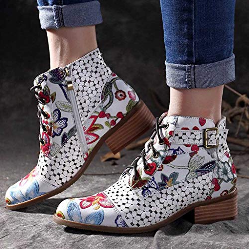 Botas Retro de Mujer Bohemia Botines de Cuero Impresión Botas de Moto Vintage Zapatos con Cordones Puntiagudos Mujeres 2019 Nuevo(Blanco,36)