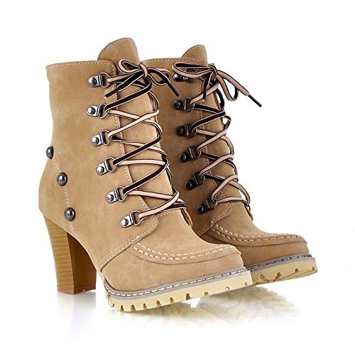 Botas tacón Altas Ancho Grueso Mujer Invierno 2018 PAOLIAN Botas Militares cuña con Cordones Botas Vaqueras caña Media Biker Señora Zapatos Cuero y sintético Piel Calzado Otoño