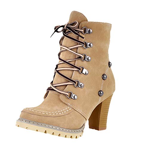 Botas tacón Altas Ancho Grueso Mujer Invierno 2018 PAOLIAN Botas Militares cuña con Cordones Botas Vaqueras caña Media Biker Señora Zapatos Cuero y sintético Piel Calzado Otoño