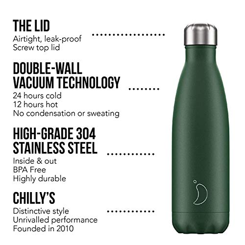 Botella De Agua De Chilly's | Acero Inoxidable y Reutilizable | Prueba de Fugas, Libre de transpiración | Verde Mate | 500ml