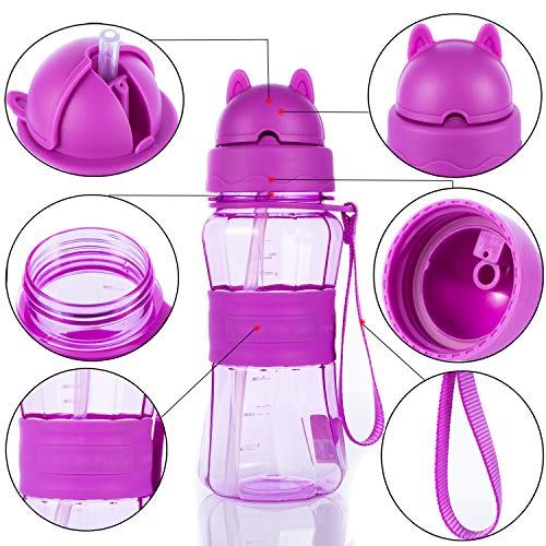 Botella de Agua Niños y Niñas Sin BPA Tritan Botella de Agua Deporte con Pajita y Correa para Infantil, Escuela, Corrida, Senderismo y Actividades al Aire (Rosa)