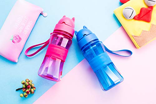 Botella de Agua Niños y Niñas Sin BPA Tritan Botella de Agua Deporte con Pajita y Correa para Infantil, Escuela, Corrida, Senderismo y Actividades al Aire (Rosa)