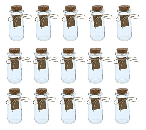 Botellas de cristal transparente con tapas de corcho, 15 unidades, mini tarros de leche transparentes con tapones para decoración de boda vintage, bricolaje, hogar, regalos de fiesta, 2,7 onzas