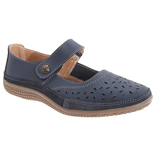Boulevard Alex Mujer Extra Ancho EEE Cuero Velcro Mary Jane Zapatos Azul Marino - Bronce, 3 UK