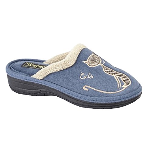 Boulevard - Zapatillas de Estar por casa Abiertas con Bordado de Gato para Mujer (40 EU) (Azul Marino)