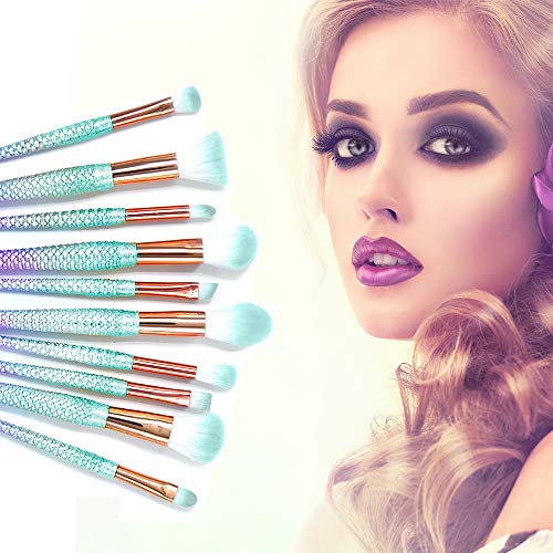 Brochas de maquillaje sirena,Set de 11 Pinceles de Maquillaje Profesional Brochas de Maquillaje Forma de cepillo kit para Sombra de Ojos, Corrector, Delineador de Ojos, Juego Eyebrow Blush