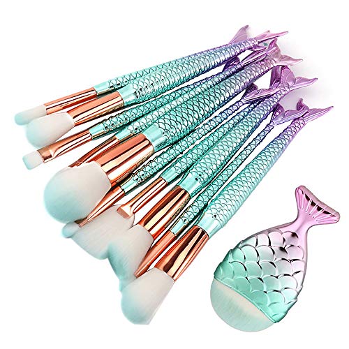 Brochas de maquillaje sirena,Set de 11 Pinceles de Maquillaje Profesional Brochas de Maquillaje Forma de cepillo kit para Sombra de Ojos, Corrector, Delineador de Ojos, Juego Eyebrow Blush