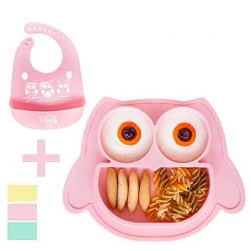 Brunoko Plato para bebe con babero (Rosa) - Plato Silicona para infantil con mantel individual - Ventosas antivuelco para tronas y sillines - Seguro en lavavajillas/microondas - Diseñado en España