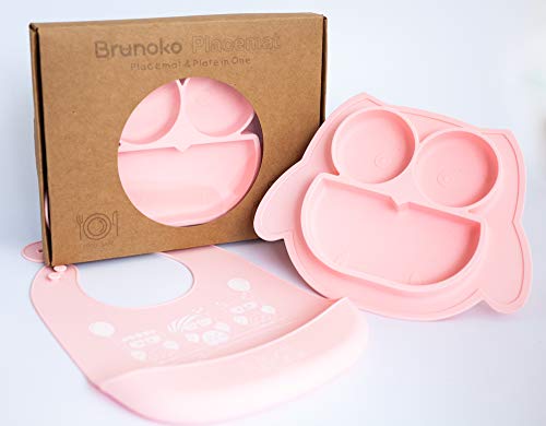 Brunoko Plato para bebe con babero (Rosa) - Plato Silicona para infantil con mantel individual - Ventosas antivuelco para tronas y sillines - Seguro en lavavajillas/microondas - Diseñado en España
