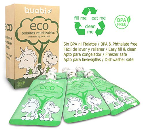 Buabi bolsitas reutilizables comida bebe - Pack de 6 bolsas de papilla rellenables (Squeeze Food Pouch) 150 ml