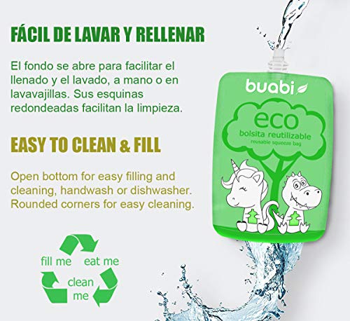 Buabi bolsitas reutilizables comida bebe - Pack de 6 bolsas de papilla rellenables (Squeeze Food Pouch) 150 ml