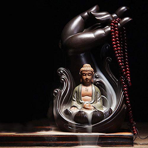 Buddha - Quemador de incienso con reflujo + 10 conos de incienso de reflujo, quemador de cono de incienso de cerámica para el hogar quemador de incienso retroflujo de buda a