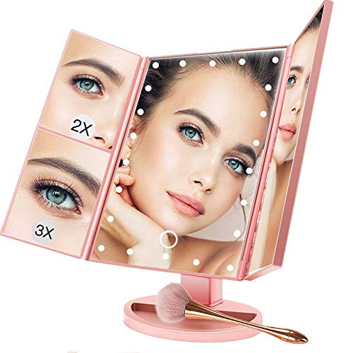 BUDDYGO Espejo Maquillaje con Luz LED, Espejos de Mesa USB Regulable, Espejo Cosmético con Espejo Aumento 1X, 2X, 3X, 180 ° de Rotación y Plegable, Espejo de Maquillaje con Regalar Brochas Maquillaje