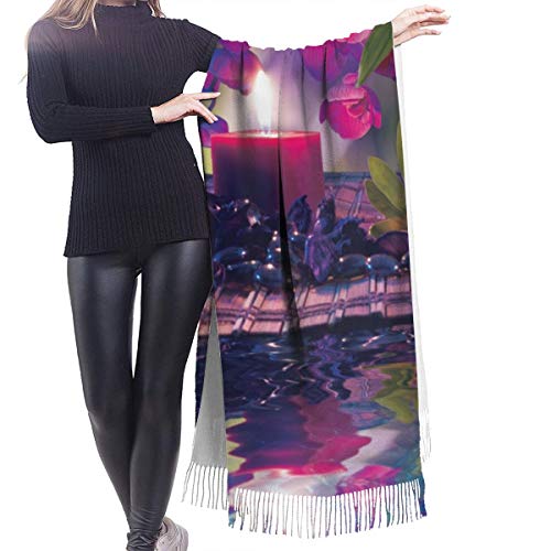 Bufanda de invierno clásica de otoño para mujer, composición violeta: velas, aceite, orquídeas y bambú en el agua, bufanda, cálida, suave, gruesa, manta grande, chal, bufandas