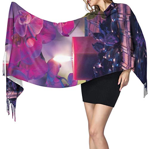 Bufanda de invierno clásica de otoño para mujer, composición violeta: velas, aceite, orquídeas y bambú en el agua, bufanda, cálida, suave, gruesa, manta grande, chal, bufandas