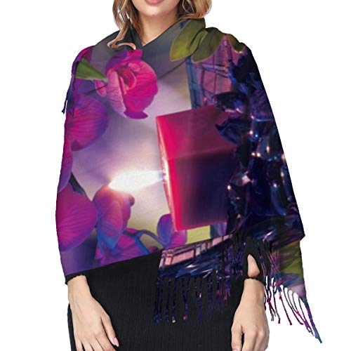 Bufanda de invierno clásica de otoño para mujer, composición violeta: velas, aceite, orquídeas y bambú en el agua, bufanda, cálida, suave, gruesa, manta grande, chal, bufandas
