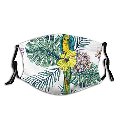Bufanda Facial Unisex Reusable Nose Face Scarf Cool Bird Beauty Floral Tropic Summer Colorful Exotic Spring Parrot Artwork Mouth Scarf Adjustable Earloops with Replaceable Filter