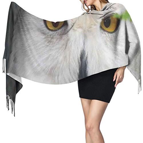 Bufanda Fringe Cachemira de imitación Chal Mujer Patrón Búho blanco Animal temático Hojas verdes Ojos ámbar Regalo Impresión de brujería Bufanda de invierno de Cálido Grueso Otoño Invierno
